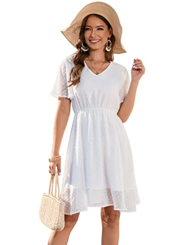 KOJOOIN Sommerkleid Damen Elegant Kleid Knielang Swiss Dot A-Linie Kurzarm V-Ausschnitt Strand Hochzeit Festlich Weiß L