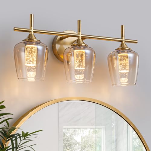 Image of foucasal 3 Light Brushed Gold Vanity Lights, Dimmable 5CCT Bathroom Light Fixtures with Gradient Glass Shades, Modern LED Vanity Lights for Over Mirror Bedroom Hallway