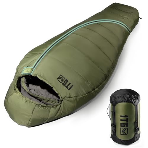 Mummy Sleeping Bag for Adults, 25℉-36℉ Warm Weather Sleeping Bag, Lightweight 3-4 Season Camping Bag with Adjustable Hood & Compression Sack, Machine Washable, for Hiking & Outdoor Survival by 1TG Tactical - Used condition - US$69.99
