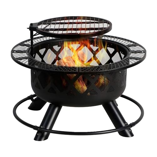 Four Seasons Courtyard Wood Burning Outdoor Fire Pit 24 Inch Backyard Patio Fireplace with Removable 360 Degree Swivel Cooking Grill and Log Rack