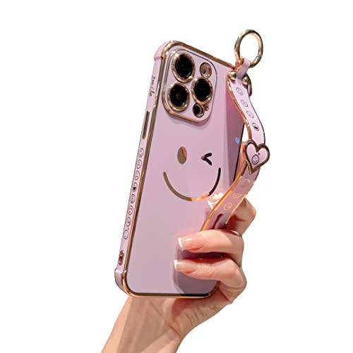 Hosgor Strap Case iPhone 14 Pro, Sparkly Bling Plting Heart Strap Stand Design,Luxury Full Camera Lens Protection Cover Soft TPU Electroplate Bumper Case for iPhone 14 Pro 6.1inch -(Purple)