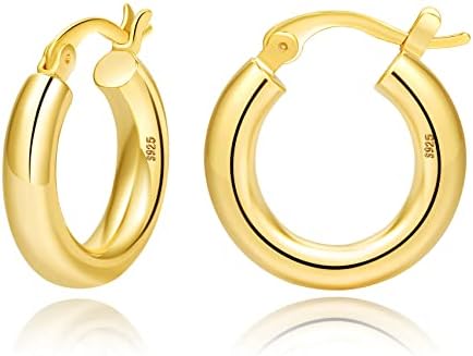 Sterling Silver Hoop Earrings 14K Gold Plated Hoop Earrings for Women Thick Chunky Hoop Earrings Lightweight Hypoallergenic Hoop Earring for Women4mm tube