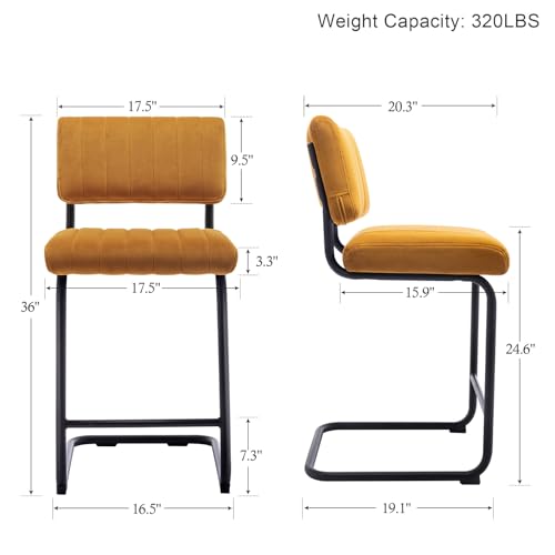 Image of ONEVOG 24 Inch Counter Height Bar Stools Set of 4, Upholstered Mid-Century Modern Cantilever Chairs for Kitchen Island, Armless Velvet Fabric Barstools with Backs and Metal Legs, Orange