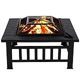 Feuerstelle, 81,3 cm, für den Außenbereich, Garten, 3-in-1-Feuerstelle, Tisch, quadratischer Kamin aus Metall mit Netz-Deckel und Schürhaken Outdoor-Heizung, Grill, Lagerfeuer, Schwarz