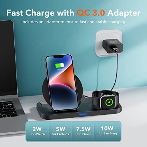 KKM 3 in 1 Wireless Charger, Wireless charging station, Compatible with iPhone 13/13 Pro/13 Pro Max/12 Mini/11 Pro Max/8 Plus, Apple Watch Series 7/6/5/4/3/2/1, AirPods Pro, 10W Fast charging station