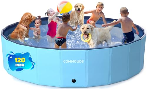 Image of COMMOUDS 10FT Foldable Dog Pool for Large Dogs, Hard Plastic Kiddie Pool