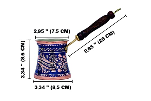 Golden Horn 10 Oz Hammered Engraved Copper Turkish Coffee Pot With Wooden Handle - Painted Arabic Coffee Pot, Briki Greek Coffee Pot, Stovetop Turkish Coffee Maker - Cezve Ibrik (Blue) #TOP2
