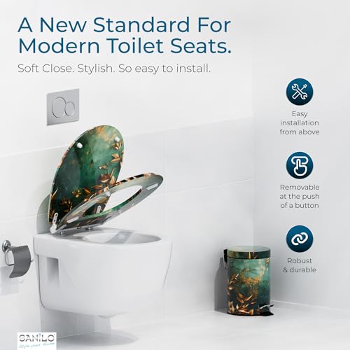Image of Sanilo Wooden Toilet Seat with Quick Release & Soft Close [ROUND] - Decorative & Slow Close Molded Wood Seat - With One Click for Easy Installation & Cleaning - With Adjustable Fit (Greego)