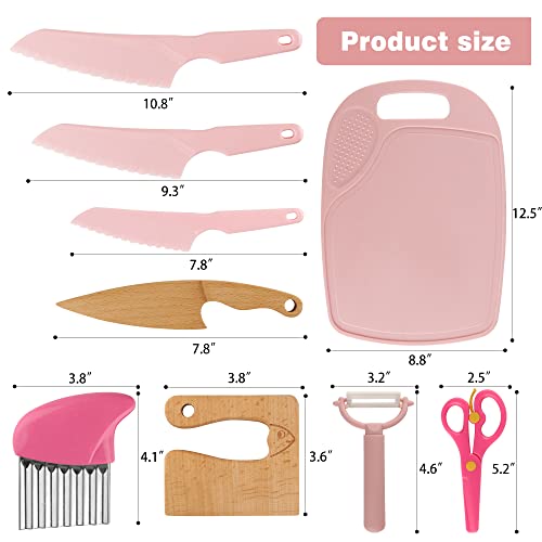 Sunmei 9 Pieces Wooden Kids Kitchen Knife Set,Plastic Kids Knife Safe For Cutting Veggies Fruits,Cute And Safe Kids Kitchen Tools For Exercise Children's Hands-On Ability(Pink) #TOP1
