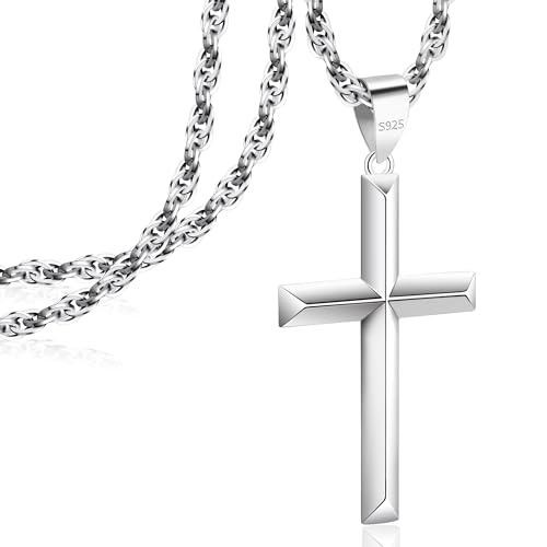 925 Sterling Silver Cross Necklace Beveled Edge for Men Women 3mm Stainless Steel Durable Wheat Chain Crucifix Pendant Necklace Jewelry 16-28 Inches