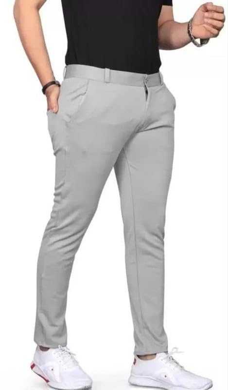 Image of Men's Regular Fit Light Grey Stretchable Trousers - Expandable Waist Formal & Casual Pants | Premium Lightweight Comfortable