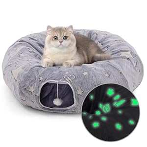 Cat Tunnel Bed 3 FT Collapsible Cat Tunnels, Cat Donut Tube with Fluffy Toy Balls, Pom Pom Ball & Cat Mice Cat Toy, Self-Luminous Peekaboo Cat Cave for Large Cats, Small Animals, Puppy, Kitten