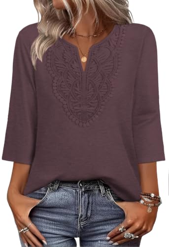 Image of WIHOLL 3 /4 Length Sleeve Womens Tops Boho V Neck Lace Shirt Trendy Blouses Dressy Casual Vacation Clothes S-3XL