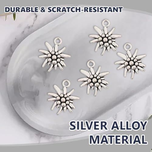 OHREN 20 pcs Anhänger DIY Selfmade Kinderschmuck Damen- und Herrenschmuck Unisex Kinder Erwachsene verschiedene Blumen, Blätter und Blüten (Edelweiß) (antik Silberfarben)