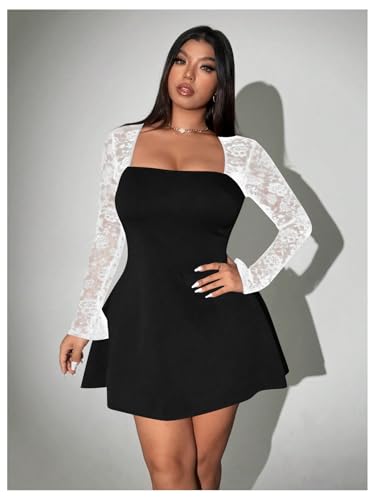 Image of Floerns Women's Plus Size Contrast Lace Sheer Long Sleeve A Line Dress Square Neck Mini Dresses