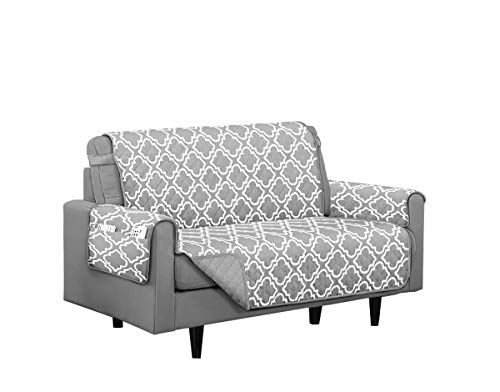 Austin Reversible Solid/Print Microfiber Furniture Protector with Strap & Side Pockets (Loveseat, Grey)