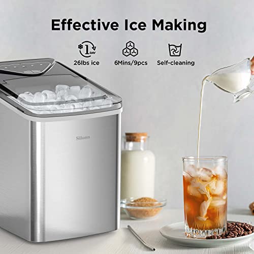 Silonn Ice Makers Countertop, 9 Cubes Ready in 6 Mins, 26lbs in 24Hrs, Self-Cleaning Ice Machine with Ice Scoop and Basket, 2 Sizes of Bullet Ice for Home Kitchen Office Bar Party by Silonn - Used condition - Image 2