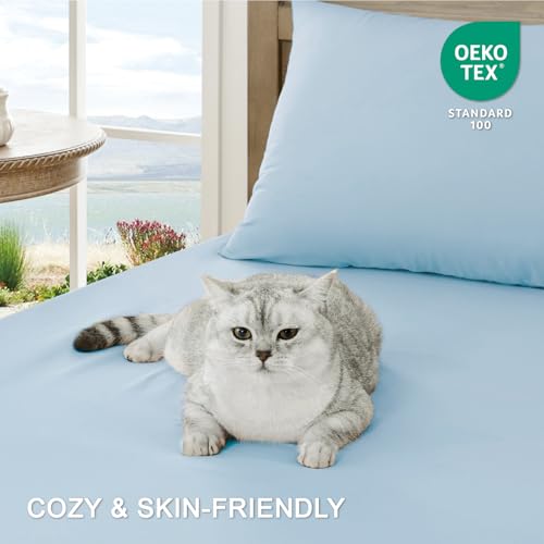 Image of FreshCulture California King Sheet Sets - Brushed Microfiber - Deep Pockets - Easy Care - Cooling & Breathable Bed Sheets - 4 Pieces Hotel Luxury Cal King Sheets (Light Blue)