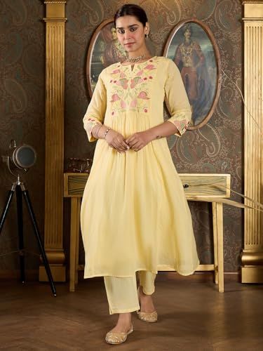 Image of INDO ERA Women's Pure Cotton Embroidered A-Line Kurta & Pant with Dupatta Set | Cotton kurta sets for women