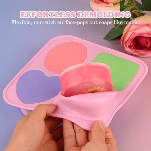 Image of Sakolla 3 Pack Silicone Soap Molds, 4 Cavities Heart, Square, Round and Oval Silicone Molds for Handmade Soap, Candle and Mousse Cake (Pink, Green, Purple)