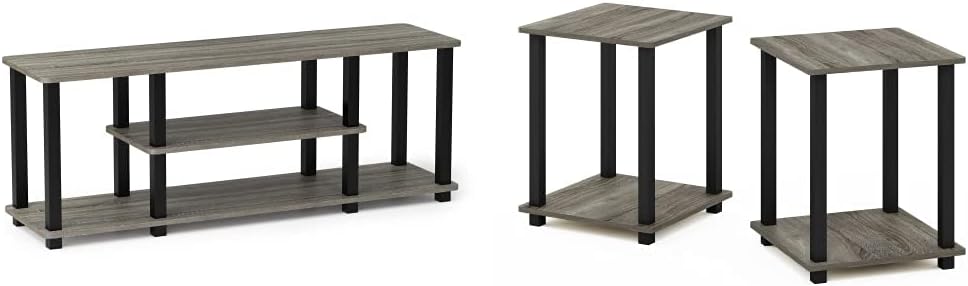 Furinno Simplistic Set of 2 End Table, French Oak Grey/Black & Turn-N-Tube No Tools 3D 3-Tier Entertainment TV Stand up to 50 inch TV, Square Tubes, French Oak Grey/Black