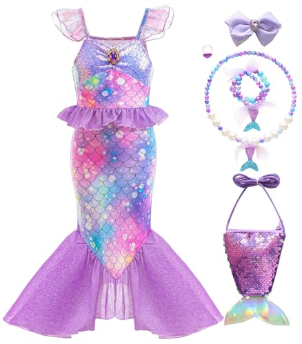 Audbene Little Girls Mermaid Princess Costume Dress for Toddler Kids Christmas Gift Party Halloween Cosplay (Purple., 5-6 Years)