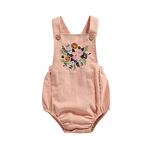 Image of MERSARIPHY Boho Baby Girl Clothes Cotton Linen Romper Straps Bodysuit Tops Newborn Girl Summer Clothes (Pink, 6-9 Months)
