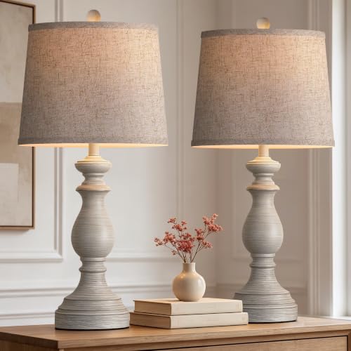 Image of PARTPHONER Traditional Table Lamp Set of 2, Rustic Farmhouse Table Lamps for Living Room Bedroom, 27 inch Bedside Desk Lamps Vintage Nightstand Lamps with Linen Shades, Antique Grey