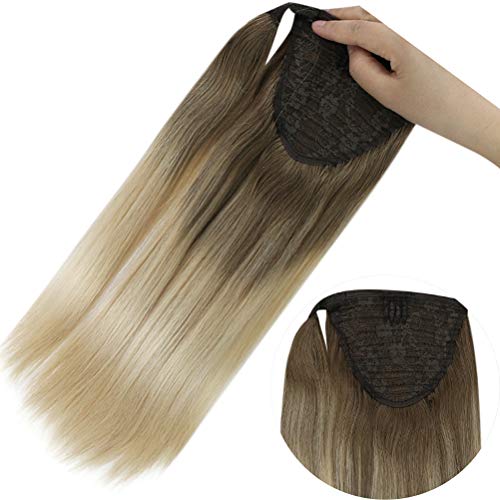 YoungSee 20inch Ponytail Human Hair Extensions Ombre Balayage Clip in Ponytails Hair Piece Extensions Light Brown Fading to Platinum Blonde 80G