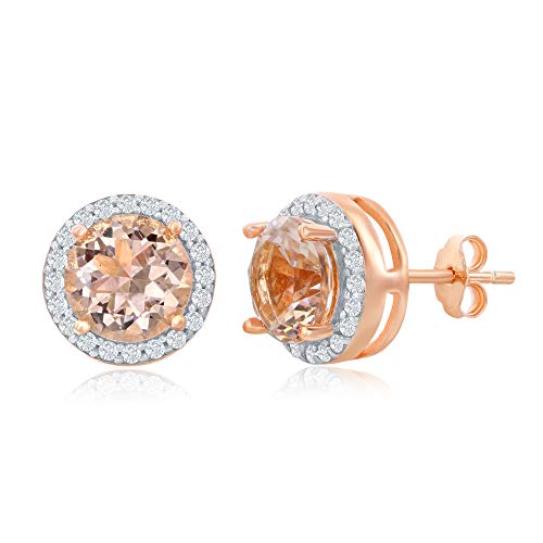 NYC Sterling Women Rose Gold Plated Cubic Zirconia Round Simulated Morganite Halo Stud Earring (Round)