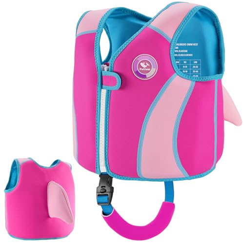 Pottwal Swim Vest for Kids - Swim Jacket for 2-3 Years (33-40LBS Weight) - Made of EPE and Neoprene - with Adjustable Crotch Strap - Pink Fish Fin Pattern