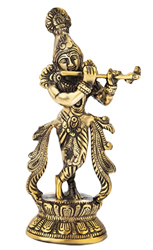 Image of ARTSMART Lord Krishna Idol Statue Flute Playing Krishan Krishna Idols Decorative Showpiece Figurine for Pooja Room Gift (Brass Antique)