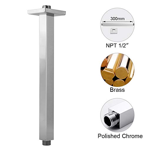 EMBATHER Shower Arm Ceiling Mount Square 12" Rain Shower Head Arm with Flange, US Standard NPT1/2" Chrome Finished - Thumbnail 2