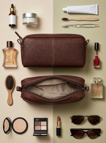 Image of Calfnero Genuine Leather Toiletry Bag for Men & Women | Premium Leather Travel-Pouch | Toiletry Organizer | Cosmetic & Shaving Kit Bag | Unisex Travel Dopp Kit (Cognac)