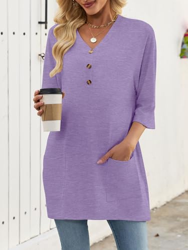 Chulianyouhuo Tunic Tops to Wear with Leggings Womens 3/4 Sleeve Casual Long Shirt Button V Neck Loose Outfits(Purple XL) — view 5