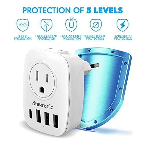 Adaptador de tomada europeu, adaptador de alimentação de viagem internacional Anstronic com 2 tomada