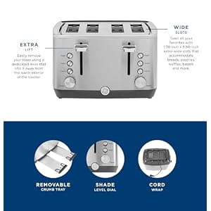GE Stainless Steel 4 Slice Toaster Extra Wide Slots for Bagels Breads Waffles More 7 Shade Options Countertop Kitchen Essentials 1500 watt