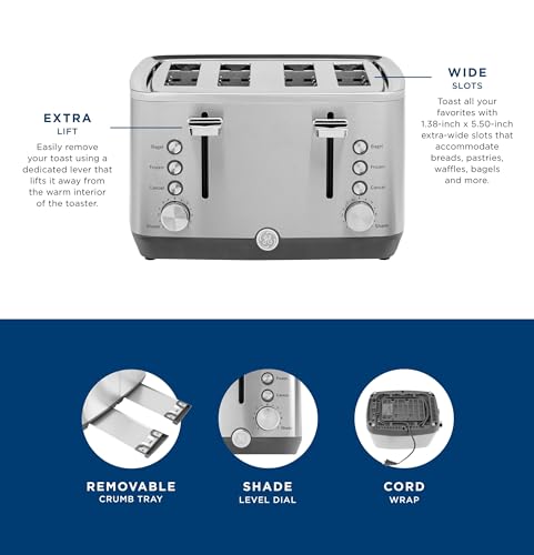 GE Stainless Steel 4 Slice Toaster | Extra Wide Slots for Bagels, Breads, Waffles & More | 7 Shade Options | Countertop Kitchen Essentials | 1500 watt by GE - Image 3