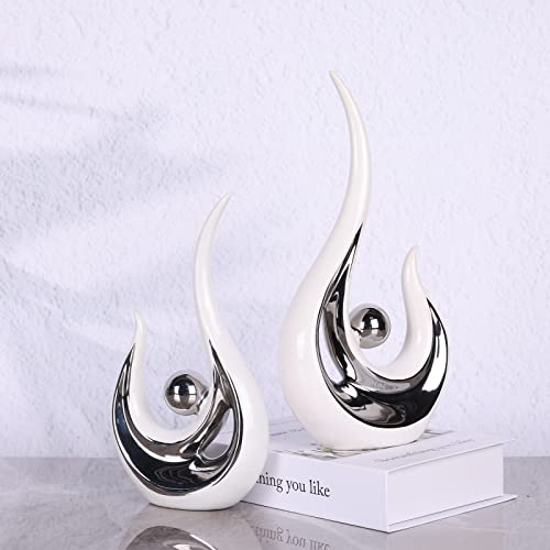 Set de 2 estatuas decorativas de cerámica abstracta plateadas miniatura 3