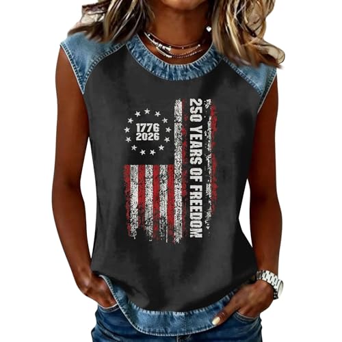 HHOSGPP USA 250th Anniversary Shirt | Women's 250 Years of Freedom Distressed Denim Trim America Flag Patriotic Sleeveless Blouse 1776-2026 Graphic Tee Shirt(38-Black,XXL)