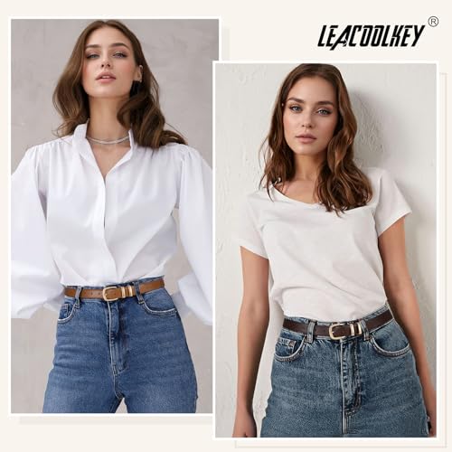 LEACOOLKEY 3 Pack Women Leather Belts for Jeans Gold Buckle Fashion Ladies Leather Belt for Dresses4