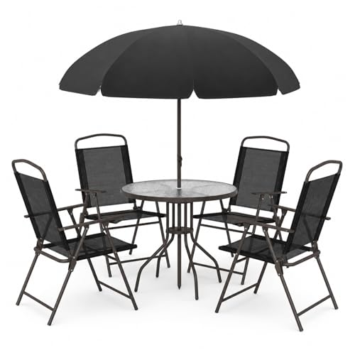 Qinazoe 6-Piece Patio Dining Set for 4 with Umbrella Outdoor Table and Chairs Set with 4 Folding Chairs Round 31.5 Tempered Glass Table for Garden Backyard Poolside (Black)