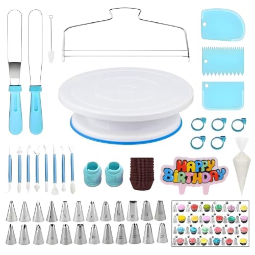 YOQXHY Cake Decorating Kit, 248 Pcs Baking Supplies (Blue) | Cake Turntable, Leveler, 24 Numbered Icing Tips, 2 Spatulas, 8 Carved Pens, 50 Cupcake Liners, 100 Pastry Bags & More
