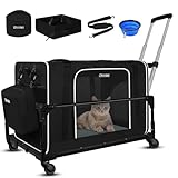 Petskd Extra Large Cat Carrier with Wheels and Litter Box 24"x17"x17" for Large Cat or 2 Small Cats, Soft-Sided Cat Carrier with Lockable Safety Zippers(Black)