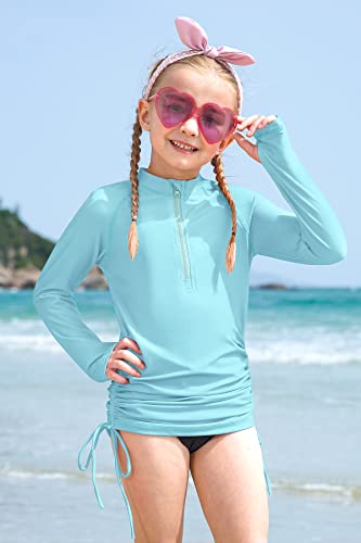 BesserBay Camisa Rash Guard com cordão ajustável FPS 50+ para meninas de 3 a 12 anos, Azul claro, 10