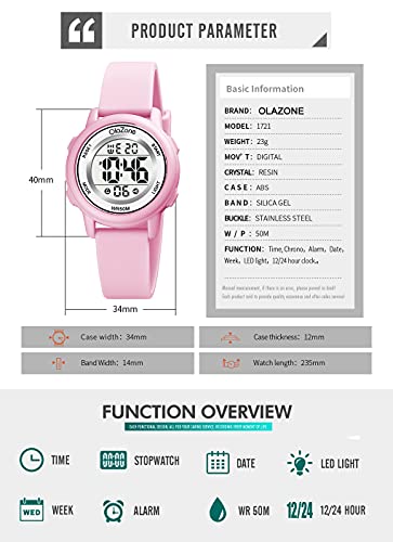 Olazone Kids Watch Girls Digital 7-Color Flashing Light Water Resistant 164Ft Alarm For Age 5-10 P (Pink1) #TOP4