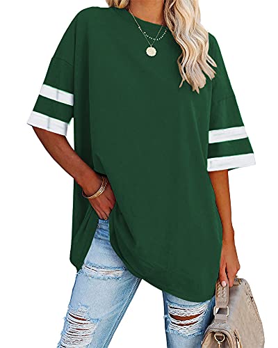Ebifin T-shirt surdimensionné pour femme, col rond, manches courtes, décontracté, ample, basique, pour l’été, vert, L