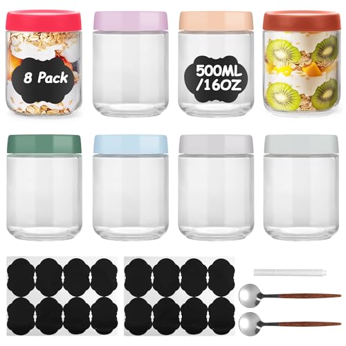 Lulonpon 8 Pieces 16 oz Overnight Oats Containers with Lids, Glass Storage Containers with Airtight Lids, Glass Overnight Oat Jars, Wide Mouth Snack Oats Jars, Jar for Salad Yogurt Spice