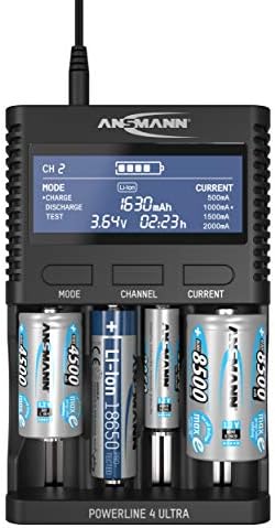 ANSMANN Powerline 4 Ultra AA, AAA, C, D 1.2V Battery Charger For NiMH, NiCd & Li-Ion Round Cell Rechargeable Batteries with USB Port | With UK & EU Plugs | Fast Charger to Charge & Discharge Batteries