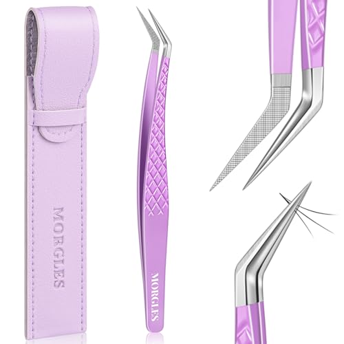 MORGLES Eyelash Tweezers for Lash Extensions, Fiber Tip Eyelash Extension Tweezers for Volume Lashes with Bag, Purple